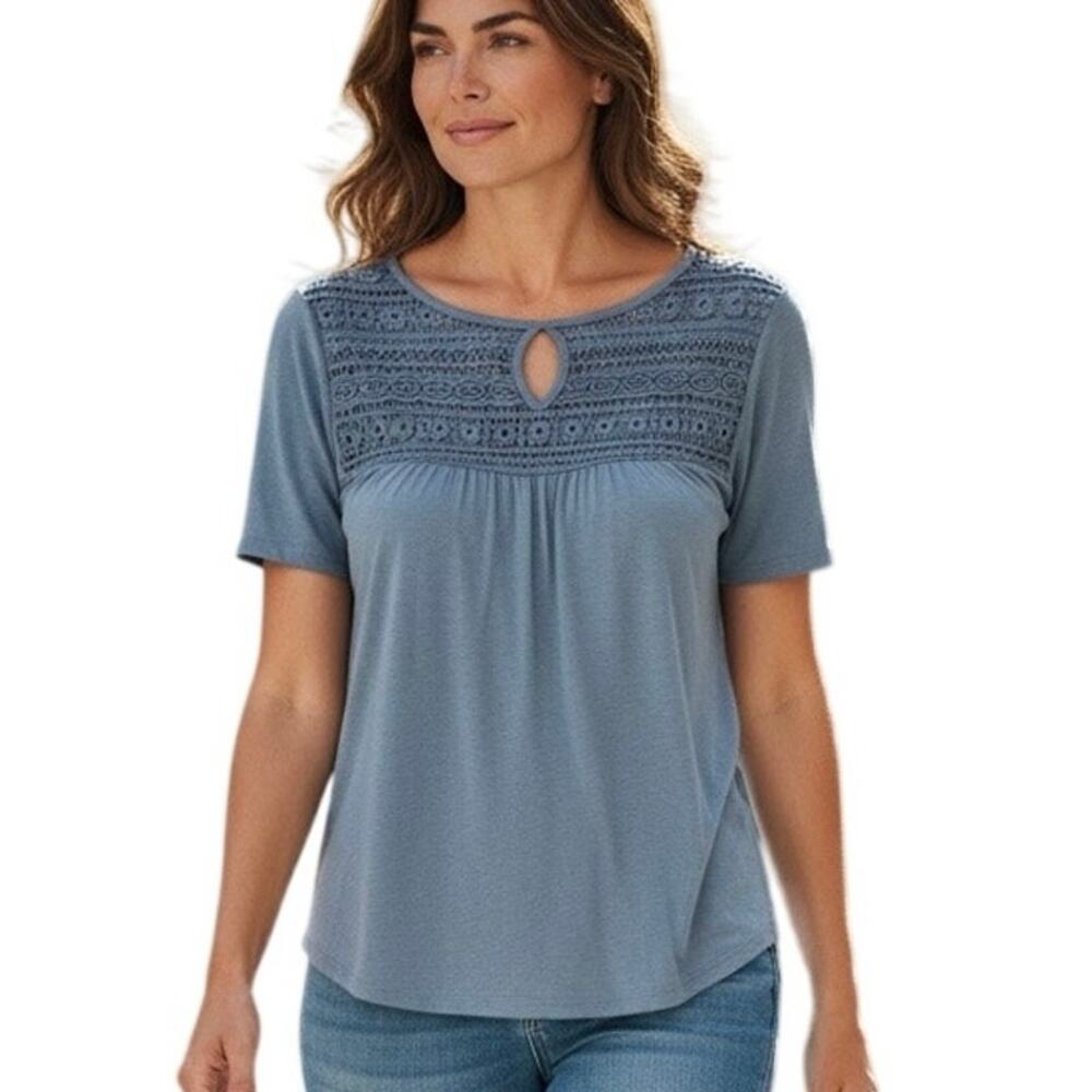 OLD NAVY Women’s SMALL Petite Linen Blend Top Slate Blue Crochet Keyhole Blouse